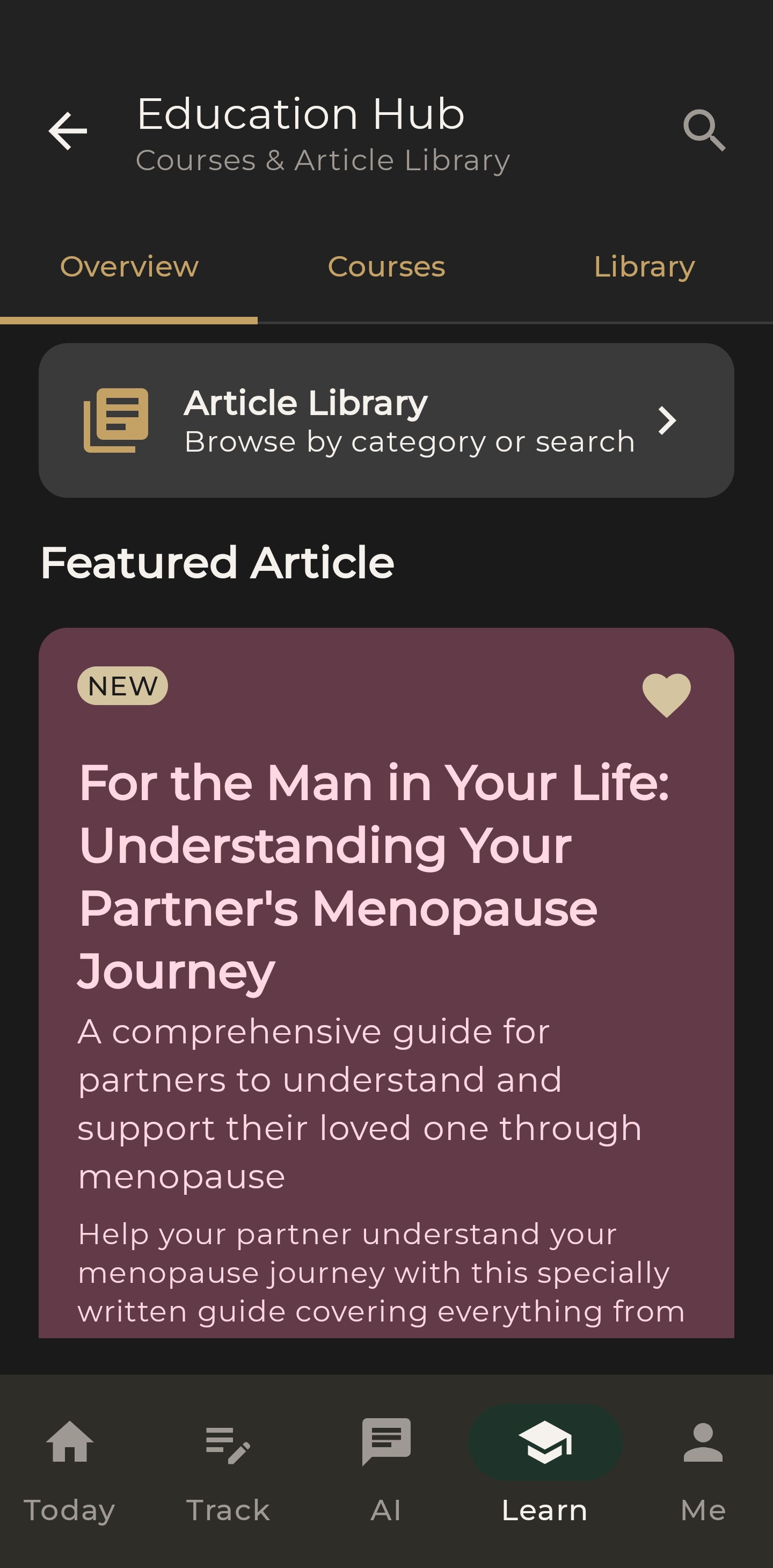 Education Hub with courses, article library, and featured content