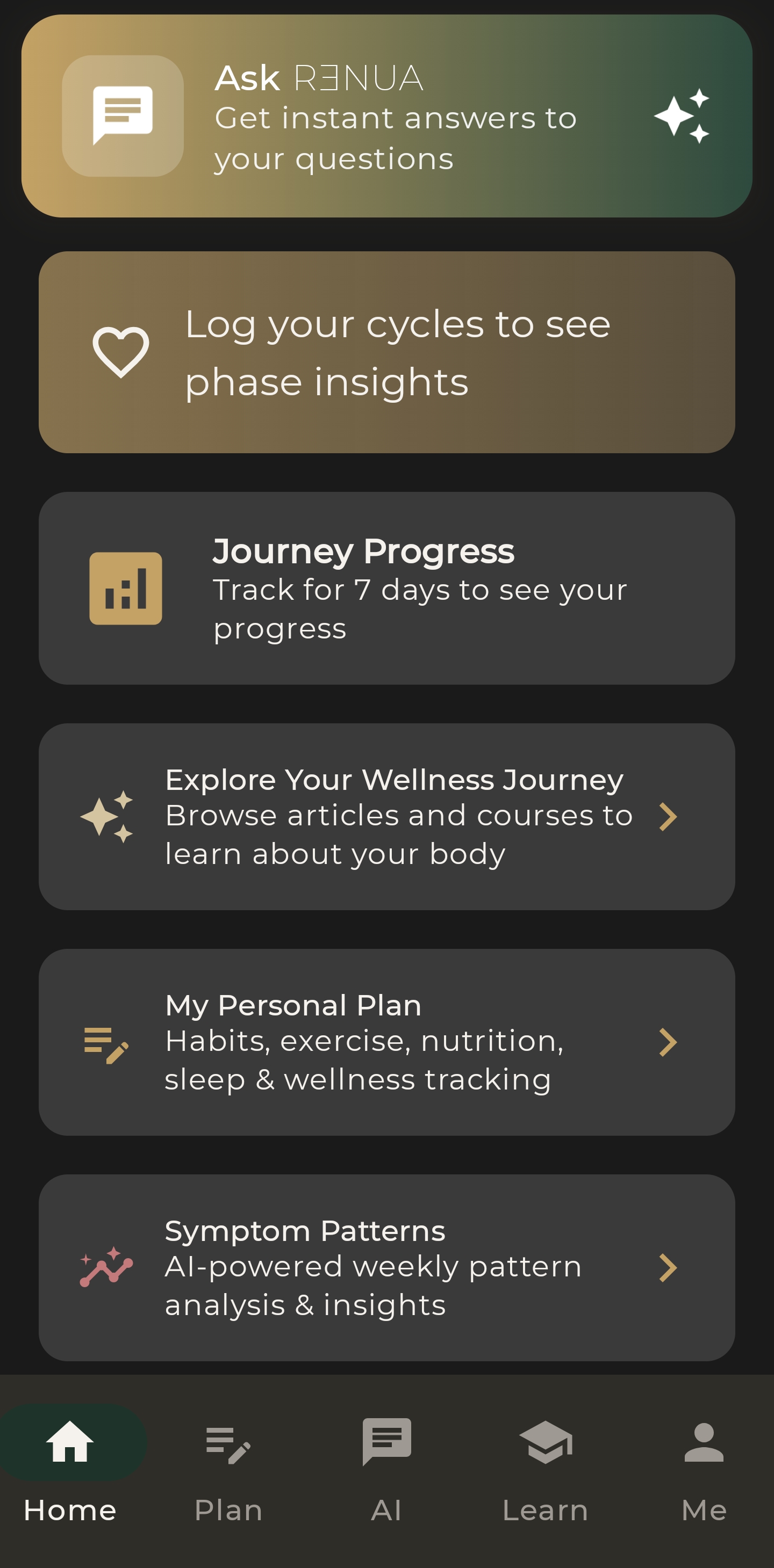 Journey home dashboard with Ask RƎNUA, cycle insights, and wellness cards