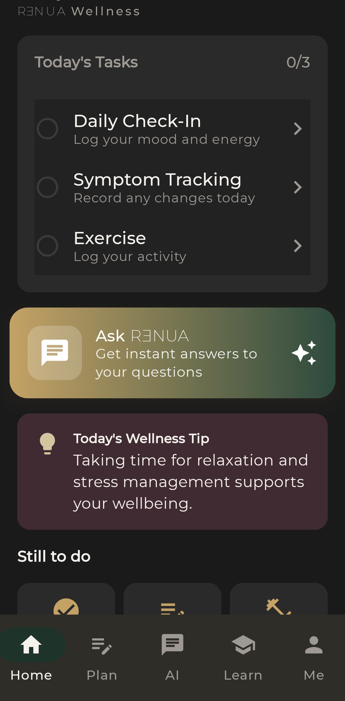 Daily Guide home screen with tasks, Ask RƎNUA, and wellness tip